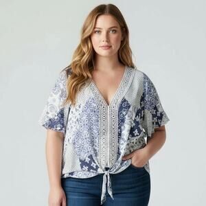 Olivia & Martin Women's Boho Blouse Blue White Patchwork Tie Front Size 3X